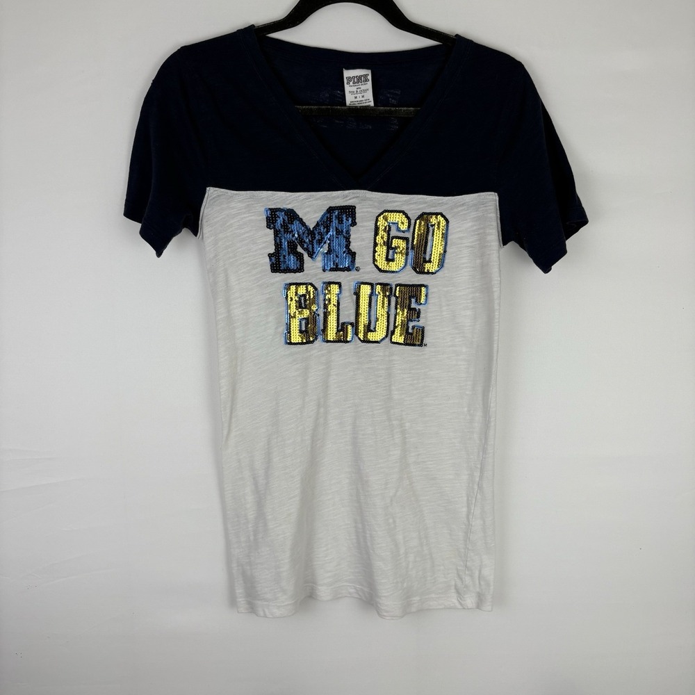 PINK Victorias Secret Michigan Wolverines Sequin V-Neck T-Shirt Navy Medium